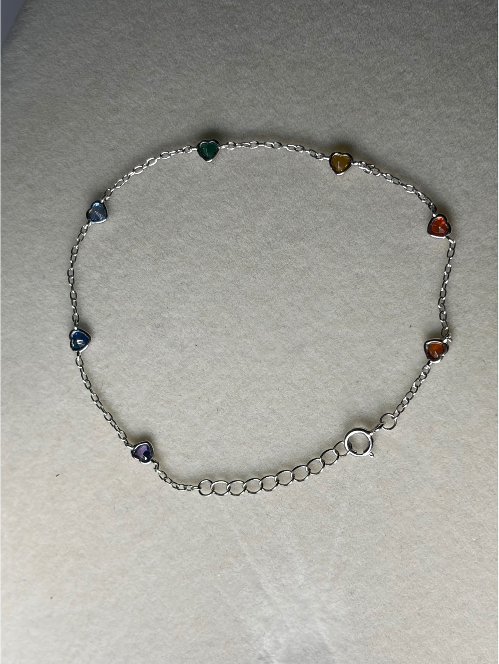 Sterling Silver 925 Anklet with Multicolor Heart Charms